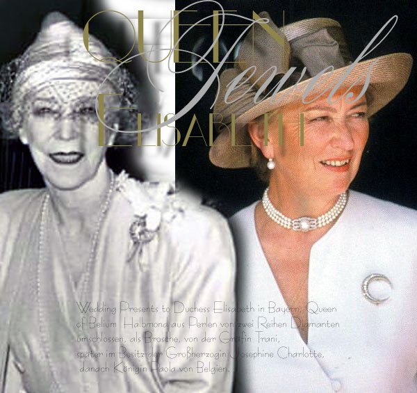 Halbmond aus Perlen von zwei Reihen Diamanten umschlossen, als Brosche, von der Gräfin Trani, später im Besitz der Großherzogin Josephine Charlotte, danach Königin Paola von Belgien. 