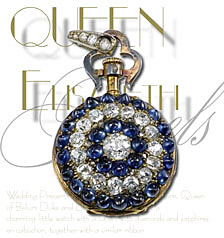 Eine reizende kleine Uhr deren Deckel dichtgereihte Diamanten und Saphire en cabochon besetz hat nebst gleichartiger Schleife der Herzog und die Herzogin von Parma gesandt. Spter im Besitz von ihrer Enkelin, Josephine Charlotte Prinzessin von Belgien, Groherzogin von Luxemburg