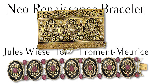 to compare: wedding gift from Prince of Monaco, gold - pearl and diamond bracelet bandeau diadem vanity case to a simialr Enamel and garnet bracelet, Jules Wièse for, Froment-Meurice, mid 19th century