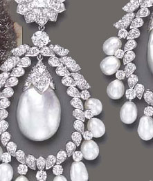 duke jewels jewelry great jewel collector A PAIR OF DIAMOND AND CULTURED PEARL EAR PENDANTS, BY DAVID WEBB 