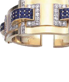 RETRO SAPPHIRE, DIAMOND AND GOLD CUFF BRACELET, BY CARTIER 