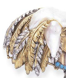 DIAMOND, TURQUOISE, FRESHWATER PEARL AND GOLD INDIAN HEAD BROOCH, BY FULCO DI VERDURA
Designed as a sculpted rose gold Indian chief, wearing an elaborate headdress composed of 

a large baroque freshwater pearl, textured gold feathers and single-cut diamond feathers, 

and a cabochon turquoise necklace, enhanced by an articulated turquoise pendant, mounted 

in platinum, rose and yellow gold, circa 1957 
 