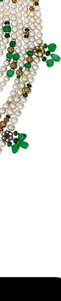 17th century and once belonged to the Saxon Royal Family. It is set with 70 Colombian emerald beads interspersed by gold rondelles set with table cut diamonds suspending a pendant set with five double-cabochon emeralds and numerous table-cut diamonds, within gold surrounds applied with black and white enamel. In its original form the 17-inch long necklace suspended an emerald pendant carved with the Annuncation