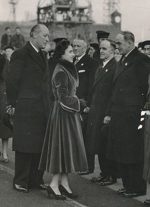 Cartier Rose Diamond Brooch Clip - ship launch November 27 1952 DPrincess Margaret talking with weteran workmen at Vickers Armstrong`s naval yard at Walker-on-Tyn