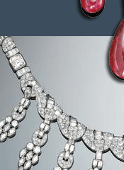 Unglaubliches Rubincollier mit 45 Karat Diamanten und Brillianten  An art deco diamond, ruby and platinum necklace, Lacloche Freres, France 

Estimate: $50000 - $70000 
the neckpiece center designed with hinged, scalloped links, pave-set with transitional brilliant and channel-set baguette-cut diamonds, suspending nine graduating pendants, bead and collet-set with marquise, bullet, baguette, transitional, and single-cut diamonds, terminating with polished ruby briolettes measuring from approximately 25.00 x 13.15 x 9.40mm to 17.80 x 8.30 x 6.00mm; each side anchored by a bezel-set square step-cut diamond weighing approximately 2.00 carats, completed by a flexible, tapering links set with straight baguette, transitional round brilliant, and single-cut diamonds; estimated total diamond weight: 45.00 caratsMaker's mark for Lacloche Freres.