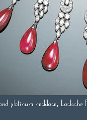 An art deco diamond, ruby and platinum necklace, Lacloche Freres, France 

Estimate: $50000 - $70000 
the neckpiece center designed with hinged, scalloped links, pave-set with transitional brilliant and channel-set baguette-cut diamonds, suspending nine graduating pendants, bead and collet-set with marquise, bullet, baguette, transitional, and single-cut diamonds, terminating with polished ruby briolettes measuring from approximately 25.00 x 13.15 x 9.40mm to 17.80 x 8.30 x 6.00mm; each side anchored by a bezel-set square step-cut diamond weighing approximately 2.00 carats, completed by a flexible, tapering links set with straight baguette, transitional round brilliant, and single-cut diamonds; estimated total diamond weight: 45.00 caratsMaker's mark for Lacloche Freres.
