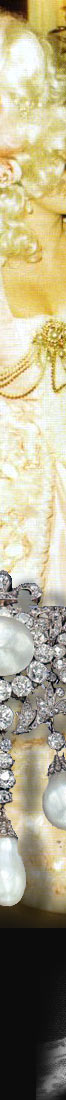 The large pearls and diamond clusters largely resemble 
              the four shoulder and bodice brooches made by Francois Kramer in 
              1853 for Empress Eugenie to match the tiara and devant de corsage 
              by Lemonnier.