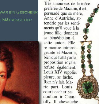 Marie Mancini`s  Emarald Necklace - Emeraudes Collier The historical necklace of emeralds, was a gift to the niece of Kardinal Mazarin, from the King Louis XIV of France, history, jewel history,emeralds- emerald and diamods,joyas,joaillerie,diamants 