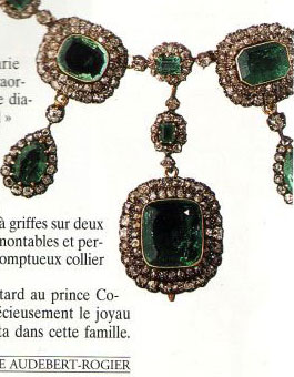 Marie Mancini`s  Emarald Necklace - Emeraudes Collier The historical necklace of emeralds, was a gift to the niece of Kardinal Mazarin, from the King Louis XIV of France, history, jewel history,emeralds- emerald and diamods,joyas,joaillerie,diamants 